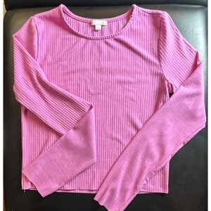 DB Ribbed Knit T-Shirt Pink Crew Neck Long Sleeve Solid Basic Size L